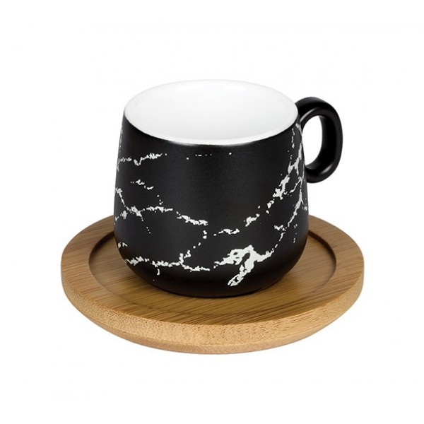 Tasse en grès effet marbré  8 cl Ht 5.3 cm et sous tasse en bambou (x 6)